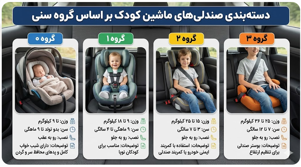 دسته بندی صندلی های ماشین کودک بر اساس گروه سنی
